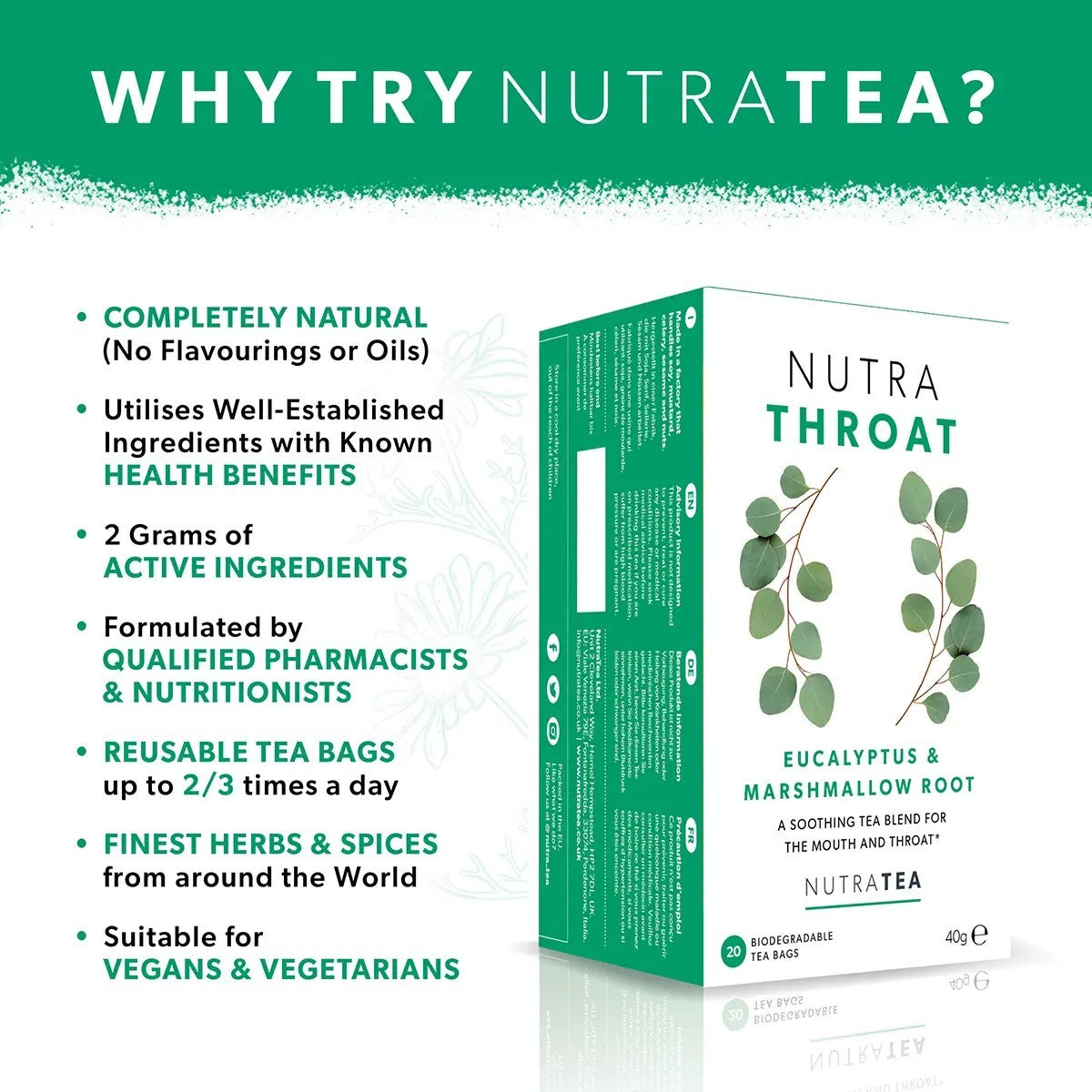NutraTea Throat Tea Eucalyptus & Marshmallow Root 20 Biodegradable Tea Bags2