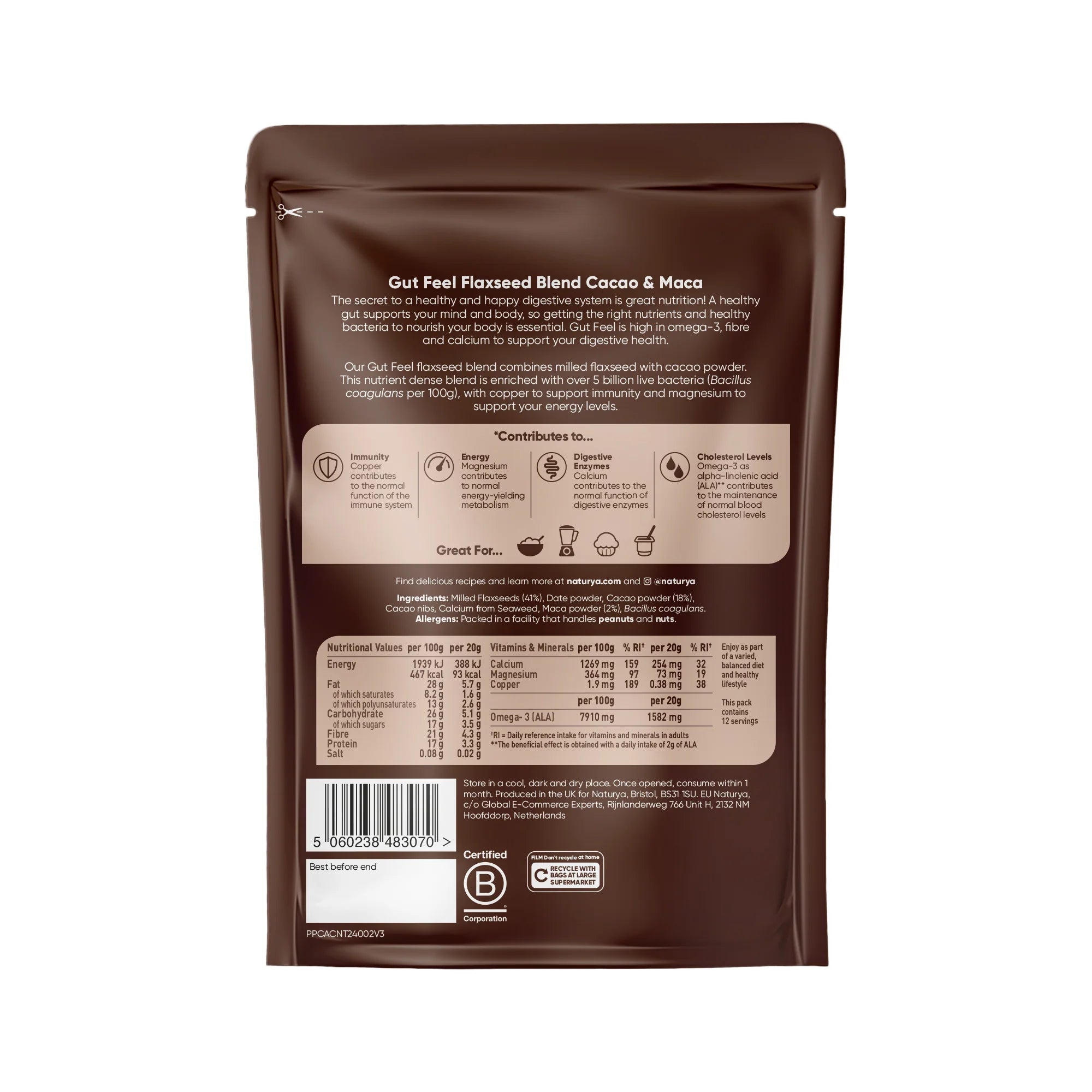 Naturya Gut Feel Flaxseed Blend Cacao & Maca 240g  Digestive Support Superfood