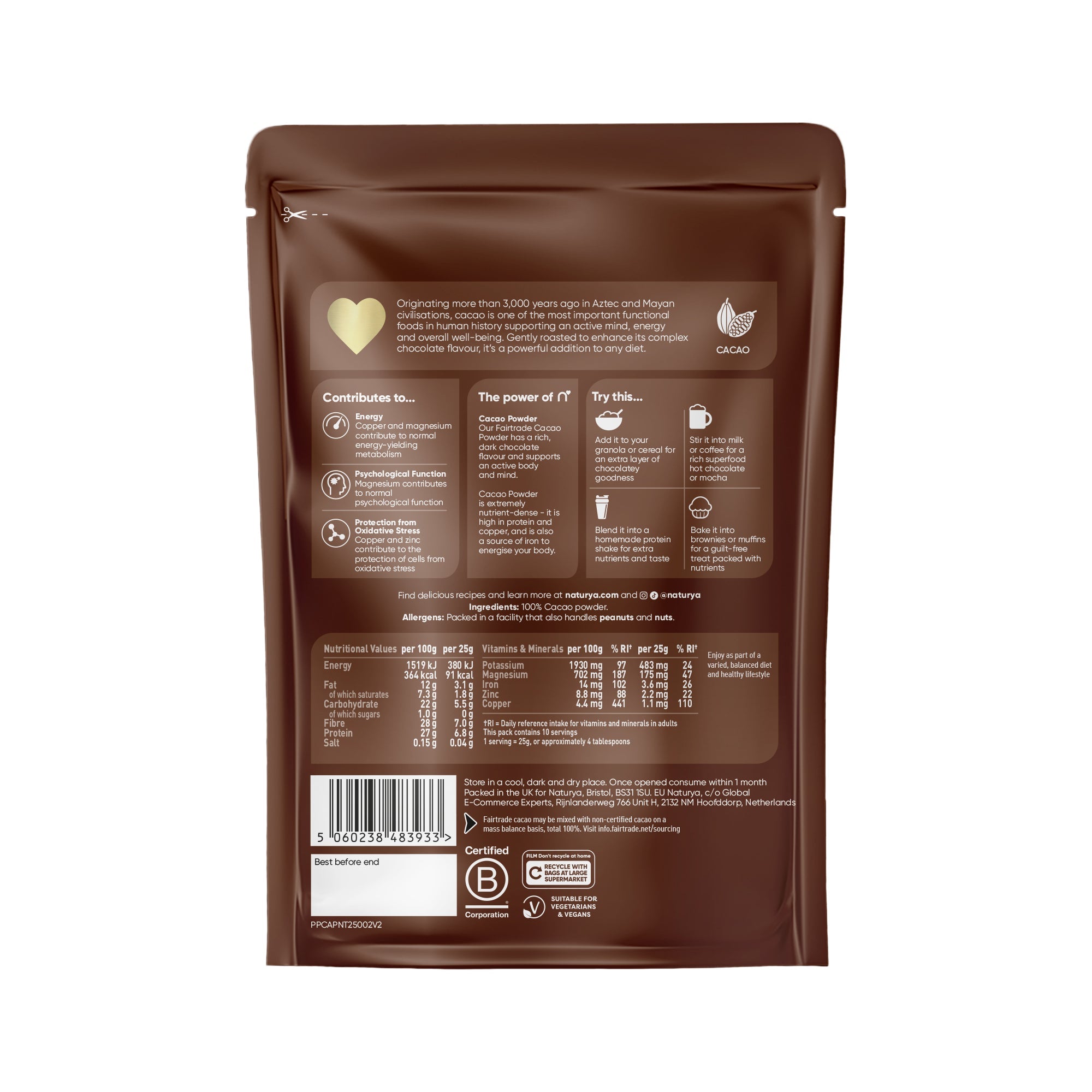 Naturya Organic Cacao Powder 250g | Raw Vegan Superfood Antioxidant Energy Boost