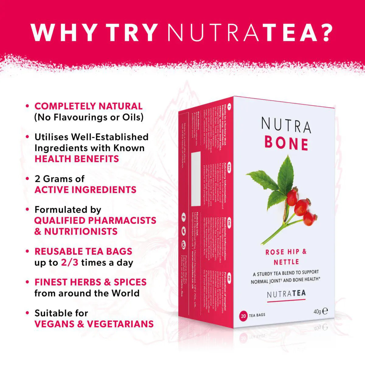NutraTea NutraBone Rose Hip & Nettle Tea 20 Bags Joint Bone Herbal Support