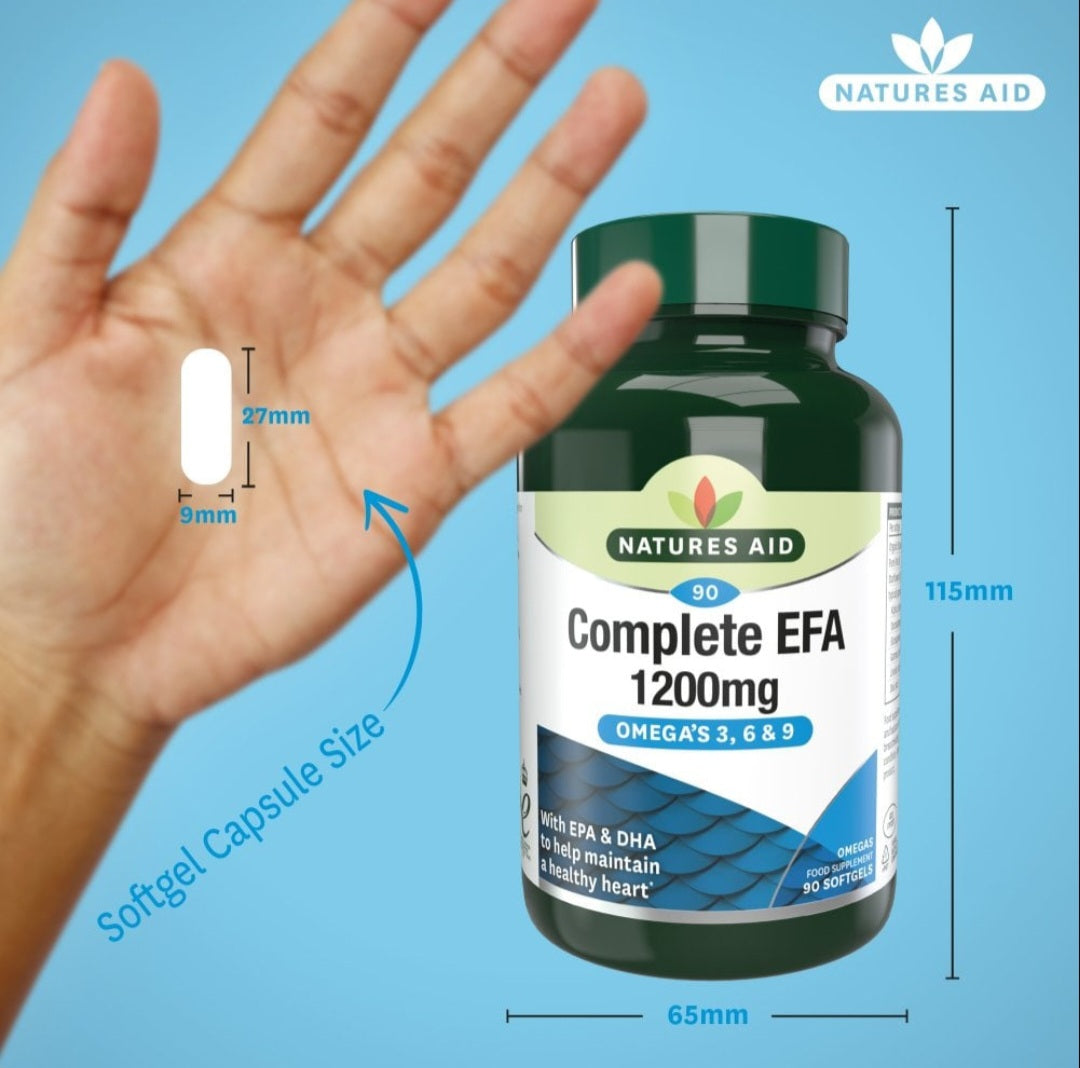 Natures Aid Complete EFA 1200mg – Omega 3, 6 & 9 Softgels – EPA & DHA Heart Health Support – 90 Softgels