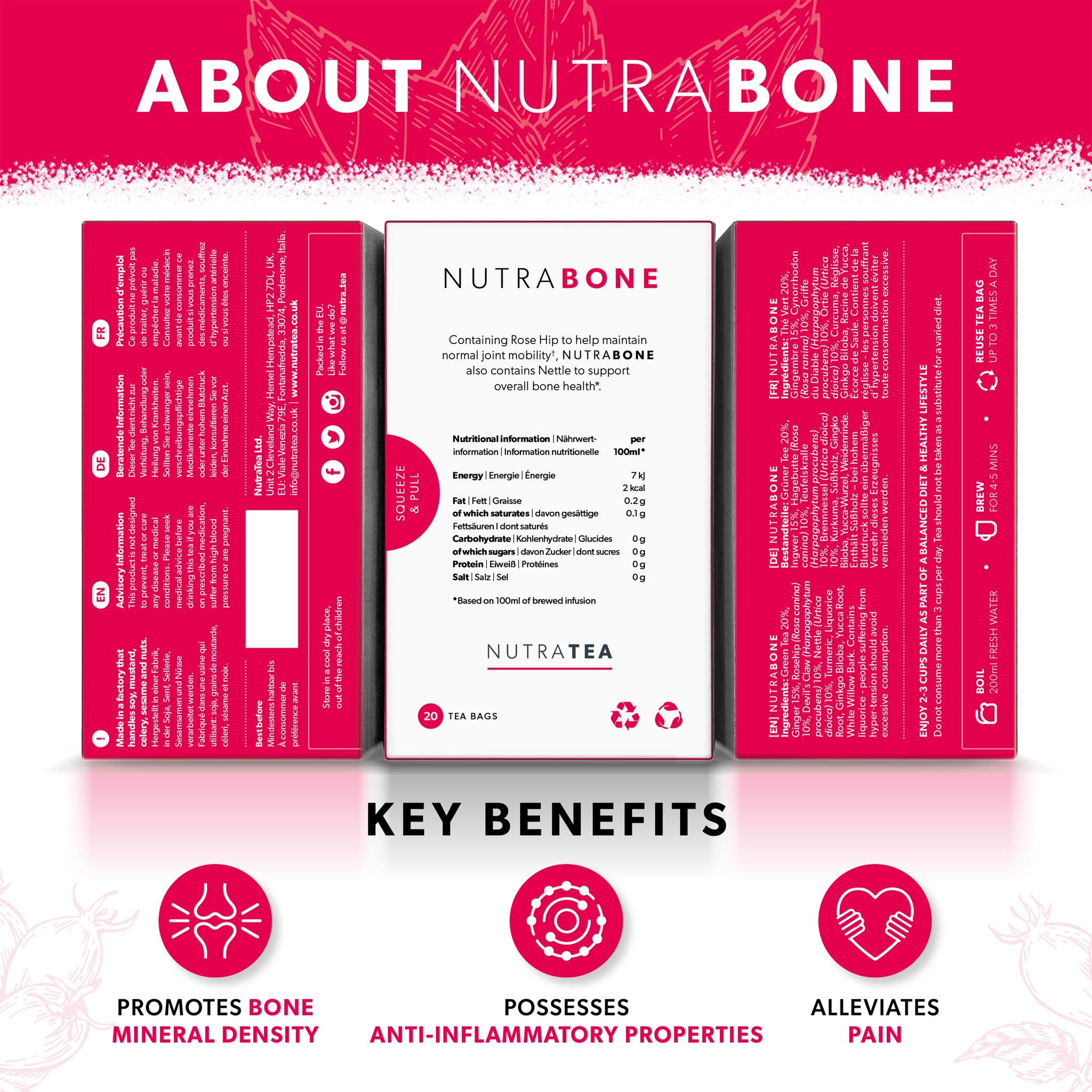 NutraTea NutraBone Rose Hip & Nettle Tea 20 Bags Joint Bone Herbal Support