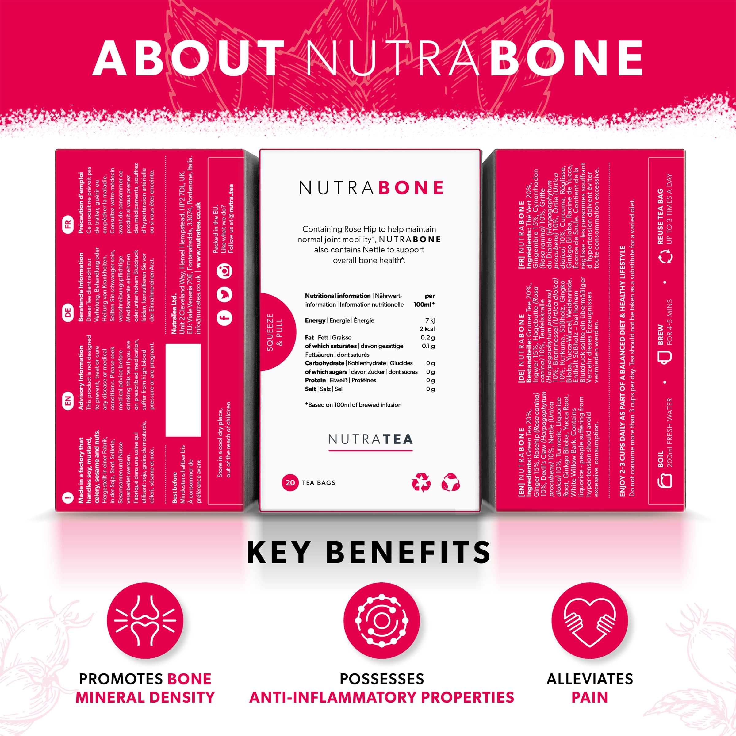 NutraTea NutraBone Rose Hip & Nettle Tea 20 Bags Joint Bone Herbal Support