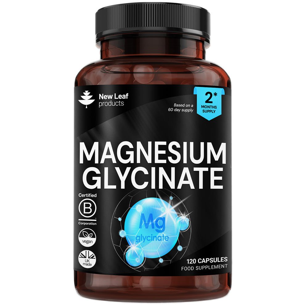 New Leaf Magnesium Glycinate  208mg Elemental, 120 Vegan Capsules Supports Muscle Function, Reduces Fatigue & Aids Bone Health