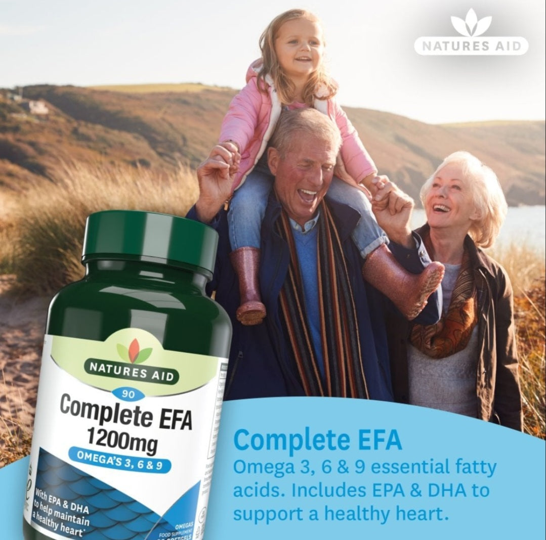 Natures Aid Complete EFA 1200mg – Omega 3, 6 & 9 Softgels – EPA & DHA Heart Health Support – 90 Softgels