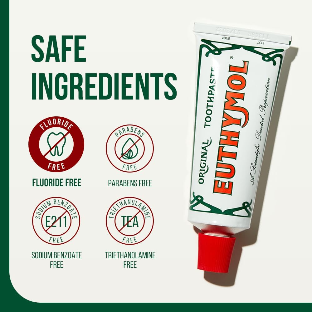 2 Packs x Euthymol Original Toothpaste 75ml Fluoride Free Vintage Mint Fresh Breath