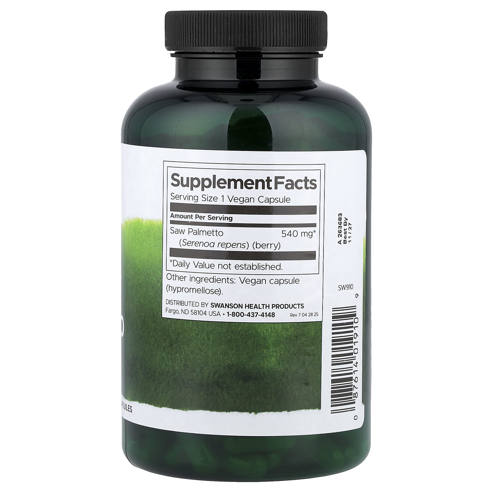 Swanson Saw Palmetto 540mg 250 Vegan Capsules Male Prostate Health
