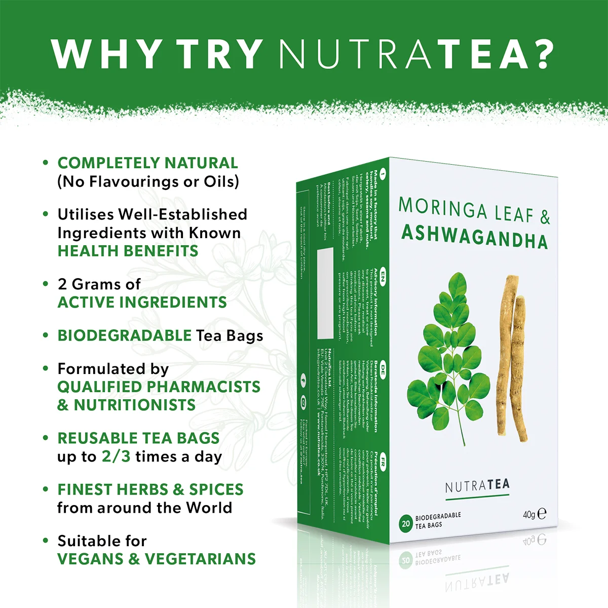 NutraTea Moringa Leaf & Ashwagandha Tea – Natural Energy & Balance Support 20 Tea Bags