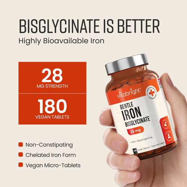 Vitabright Gentle Chelated Iron Bisglycinate Non Constipating 28mg Vegan 180 Tablets