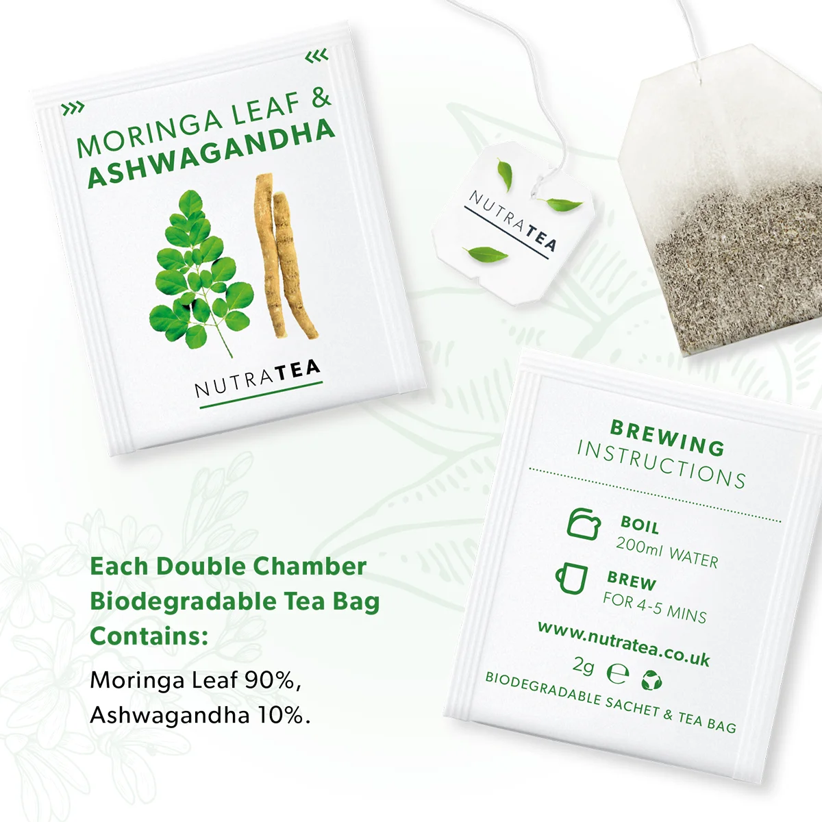 NutraTea Moringa Leaf & Ashwagandha Tea – Natural Energy & Balance Support 20 Tea Bags