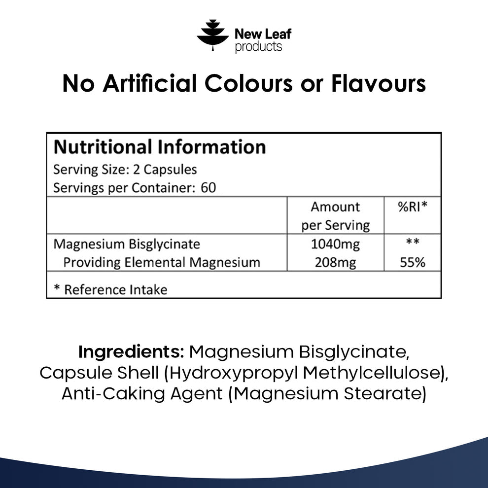 New Leaf Magnesium Glycinate  208mg Elemental, 120 Vegan Capsules Supports Muscle Function, Reduces Fatigue & Aids Bone Health