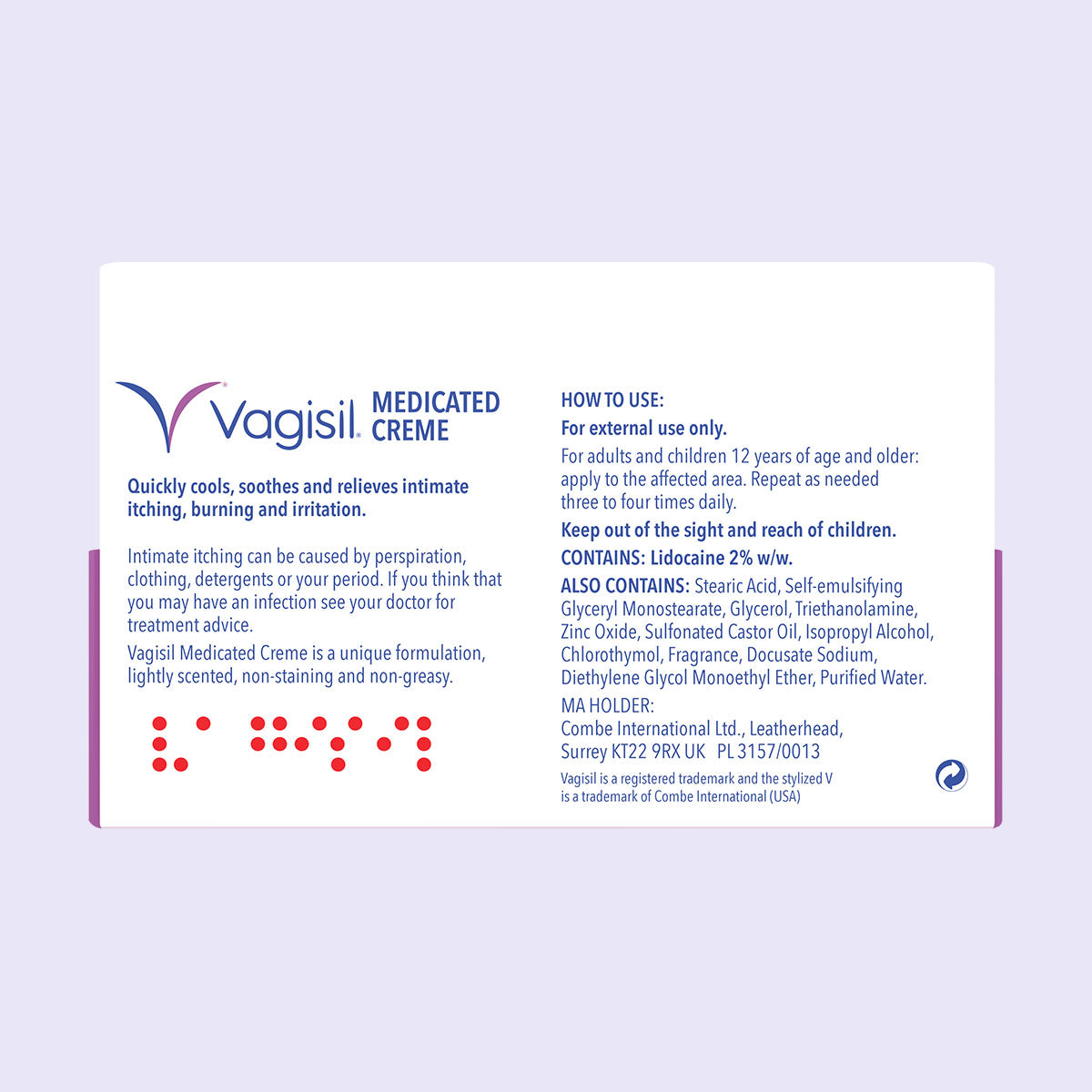 Vagisil Medicated Creme 30g Lidocaine 2% Fast Relief Intimate Itching & Burning