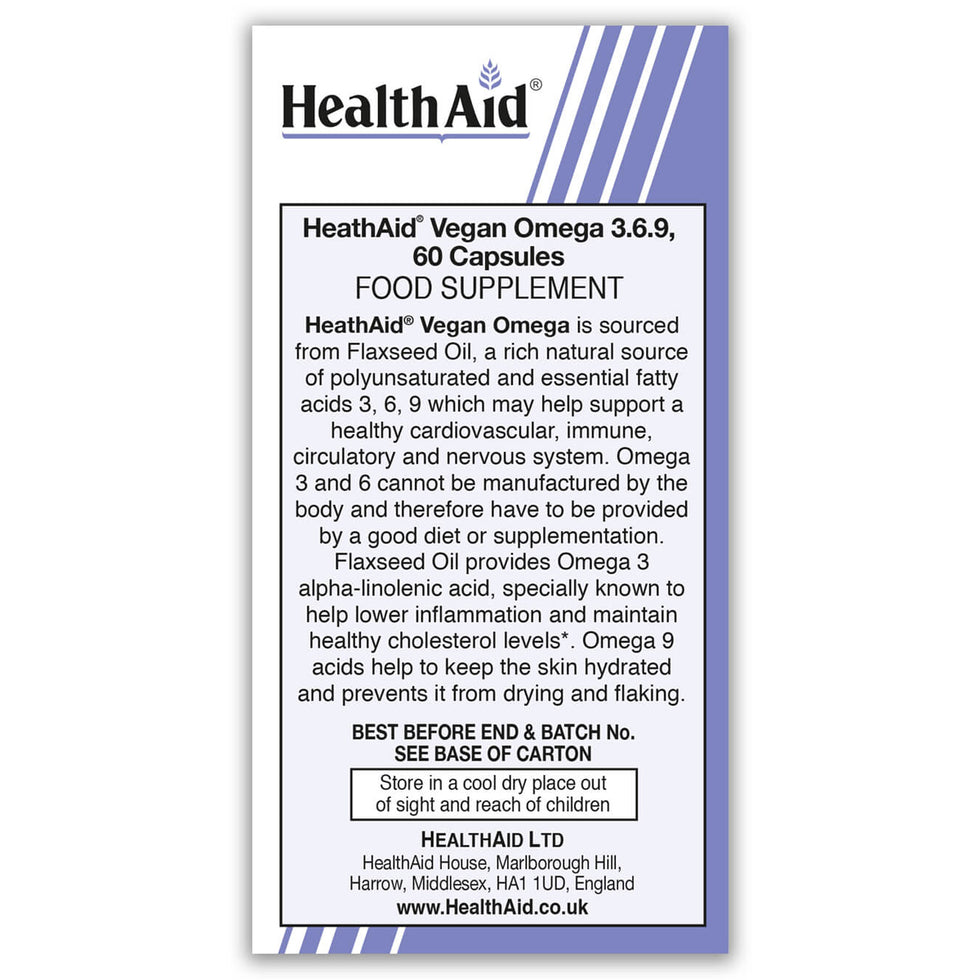 HealthAid Vegan Omega 3 6 9 60 Vegan Flaxseed Oil Heart Health Gelatine Free Capsules
