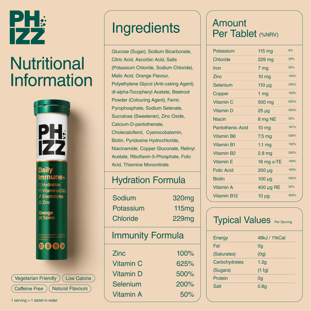 Phizz Daily Immune+ Effervescent Tablets Orange 20  Hydration & Vitamins C, D, Zinc