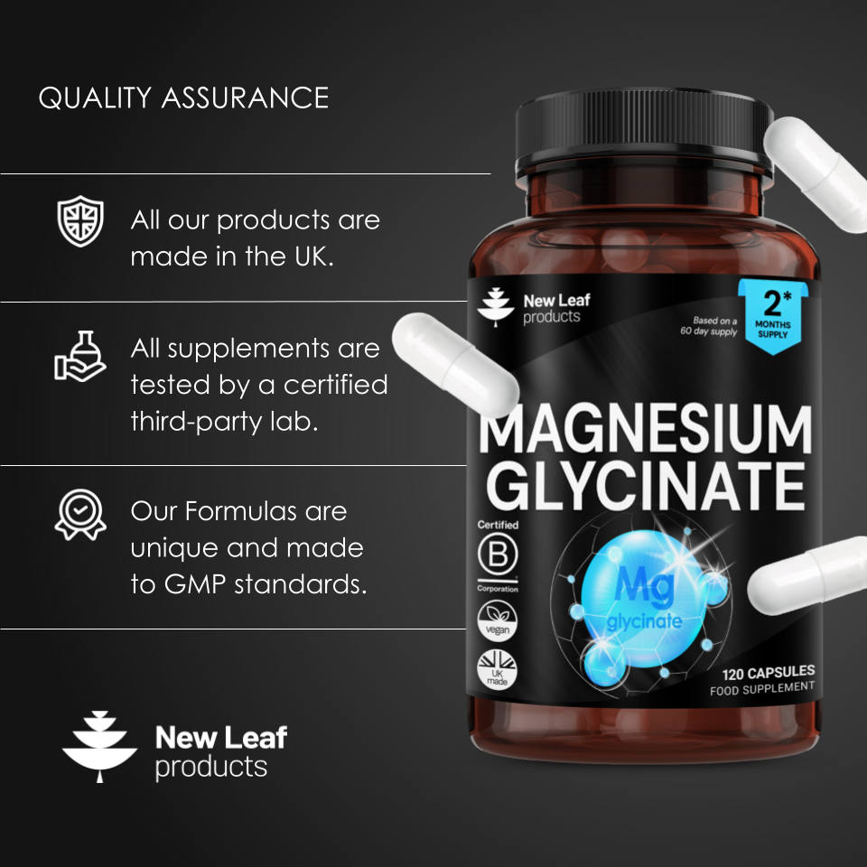 New Leaf Magnesium Glycinate  208mg Elemental, 120 Vegan Capsules Supports Muscle Function, Reduces Fatigue & Aids Bone Health