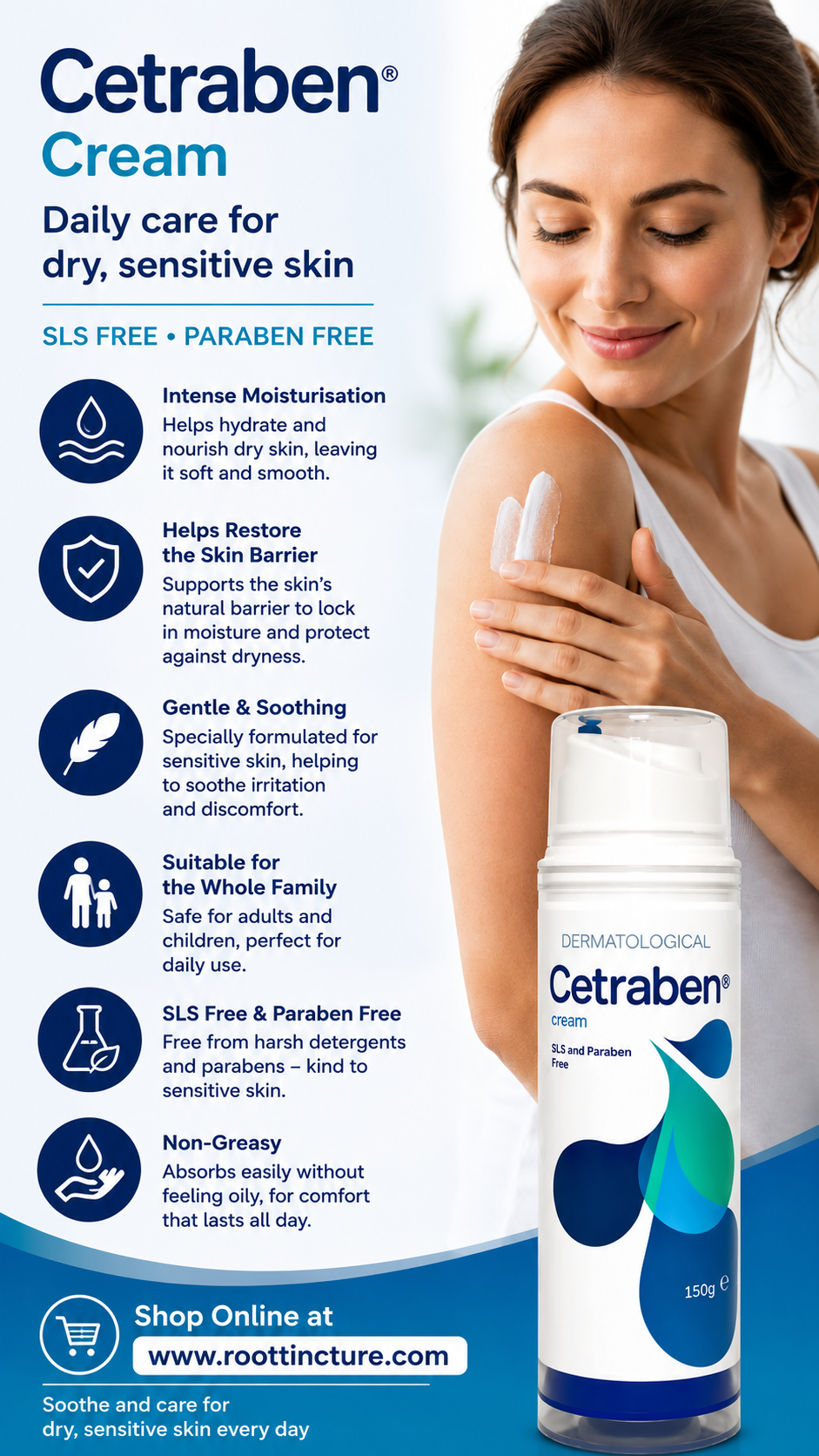 Cetraben Cream 150g Pump Bottle SLS Paraben Free Moisturising Relief for Dry Sensitive Skin