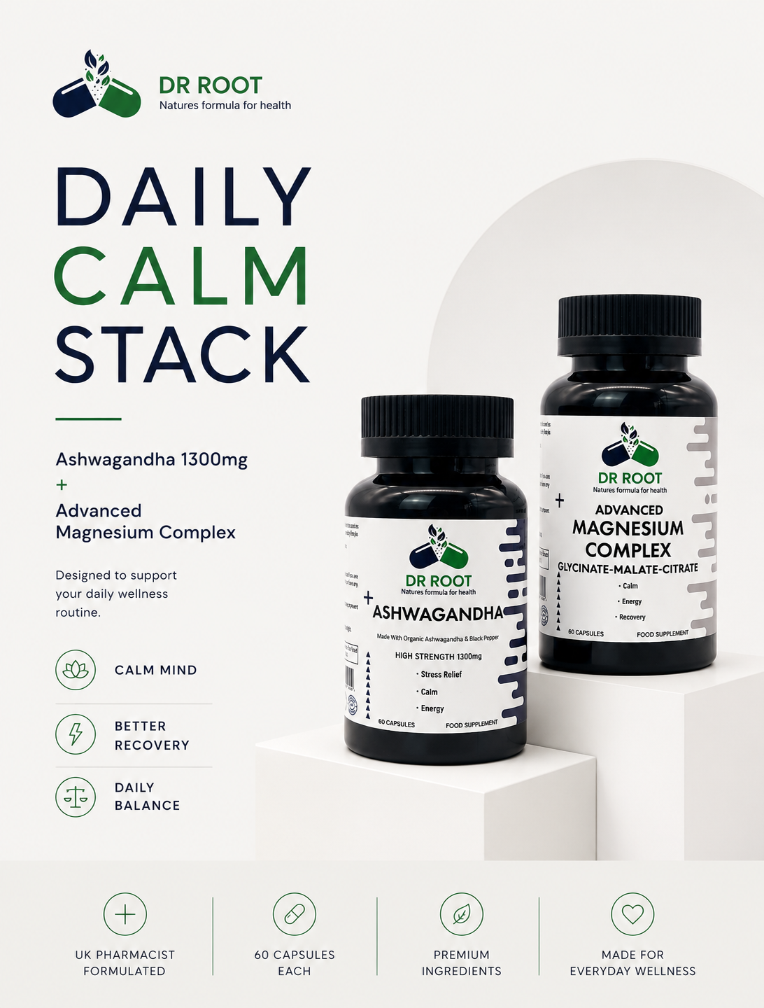 Dr Root Ashwagandha & Magnesium Complex Daily Calm Stress Relief Wellness Bundle 120 Capsules
