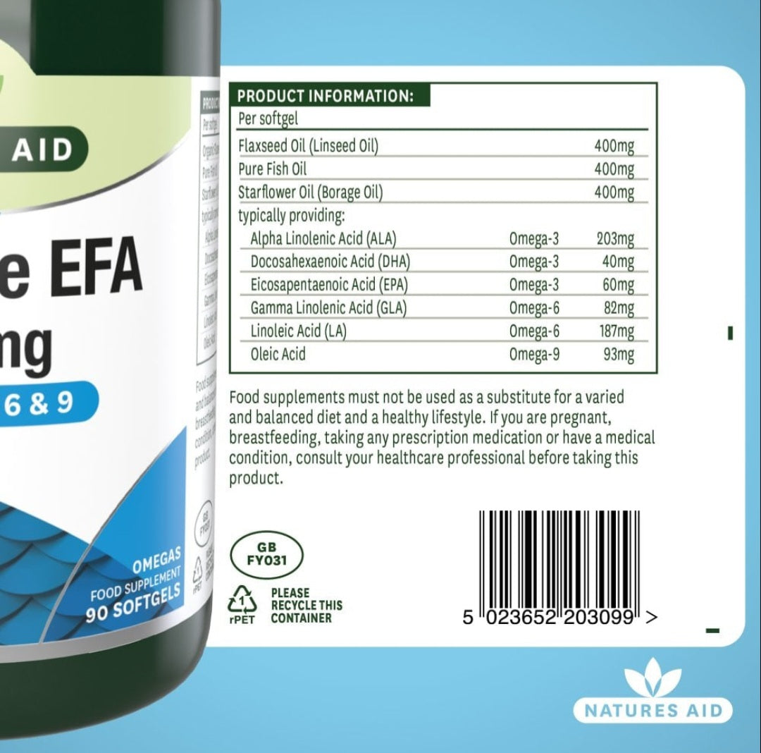 Natures Aid Complete EFA 1200mg – Omega 3, 6 & 9 Softgels – EPA & DHA Heart Health Support – 90 Softgels