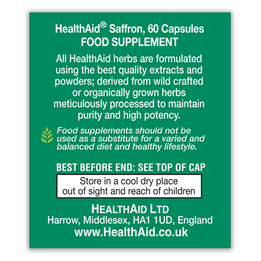 HealthAid Saffron 177mg Standardised Vegan Stress Mood Support 60 Capsules