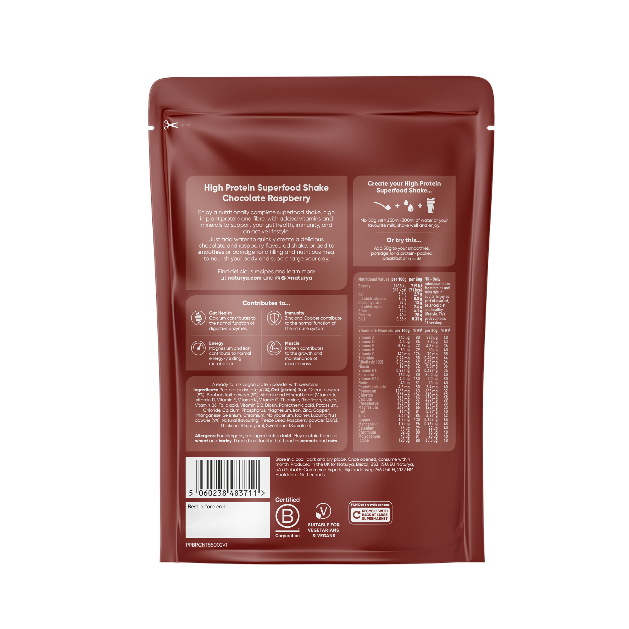 Naturya Chocolate Raspberry Protein Shake 550g Vegan Low Sugar High Fibre
