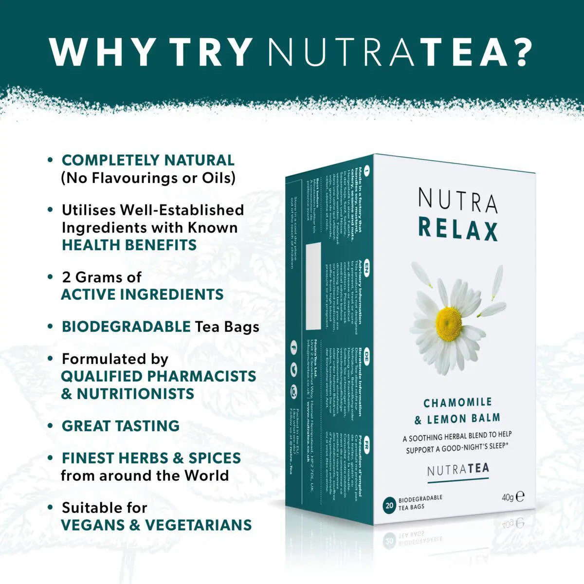 NutraTea Relax Chamomile Lemon Balm Sleep Calm Herbal Tea 20 Bags