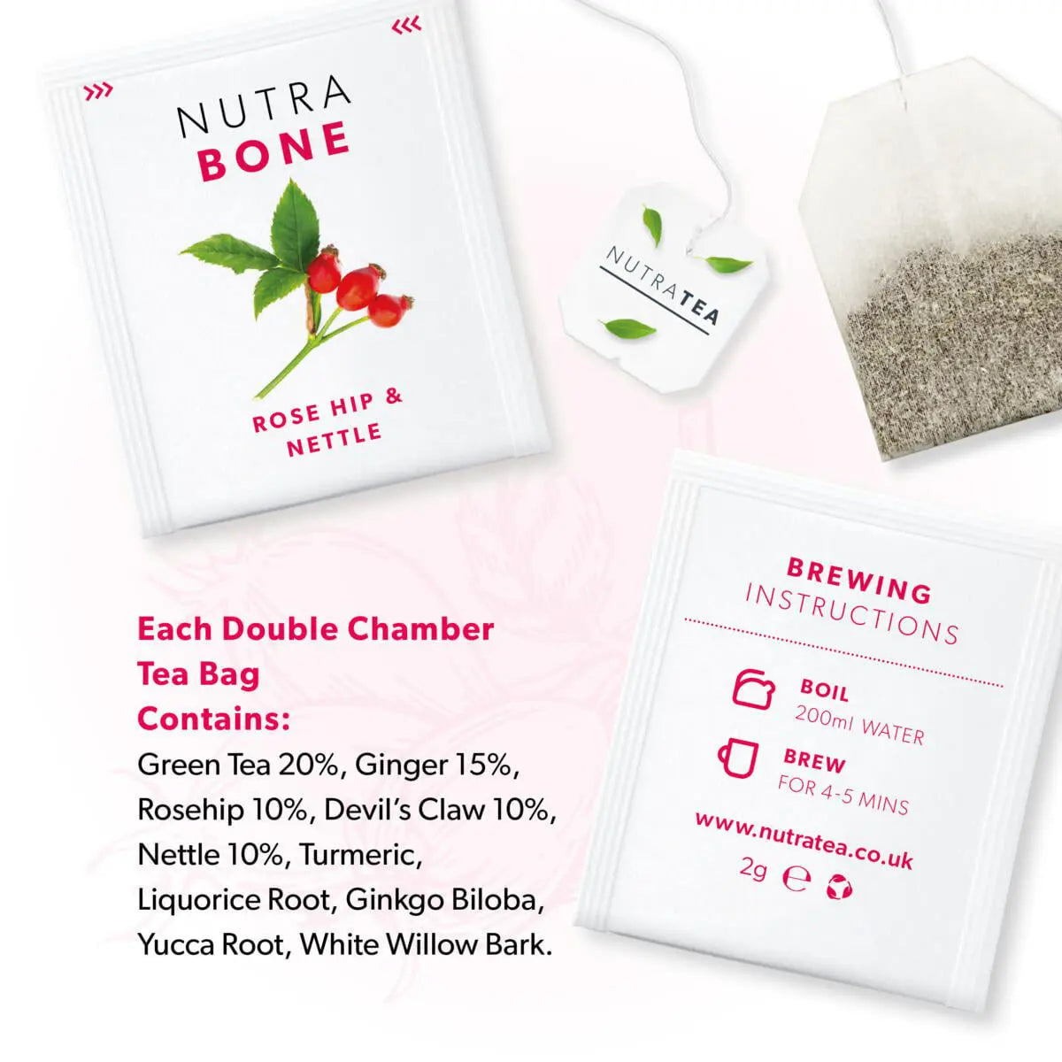 NutraTea NutraBone Rose Hip & Nettle Tea 20 Bags Joint Bone Herbal Support