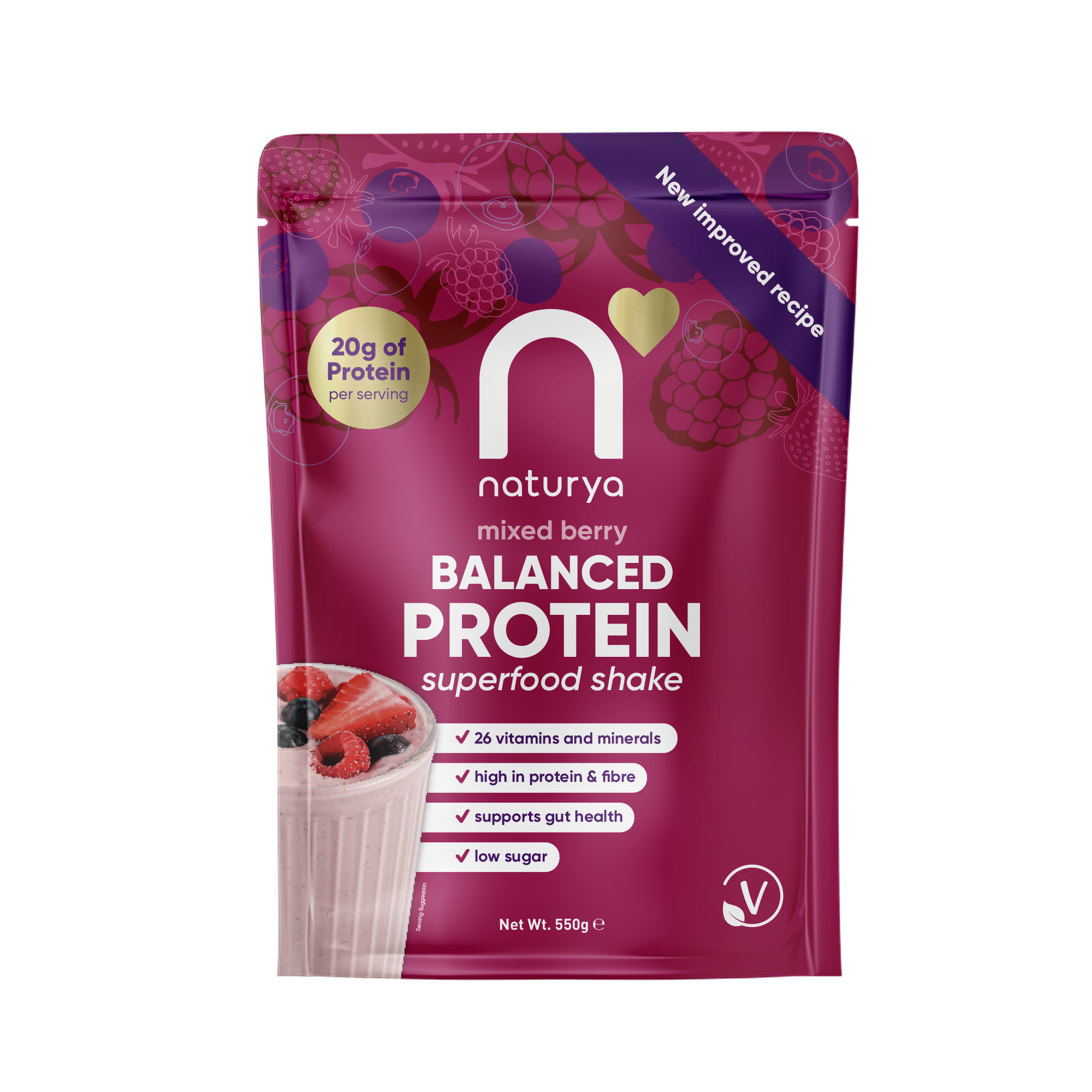 Naturya Chocolate Mixed Berry Protein Shake 550g Vegan Low Sugar High Fibre