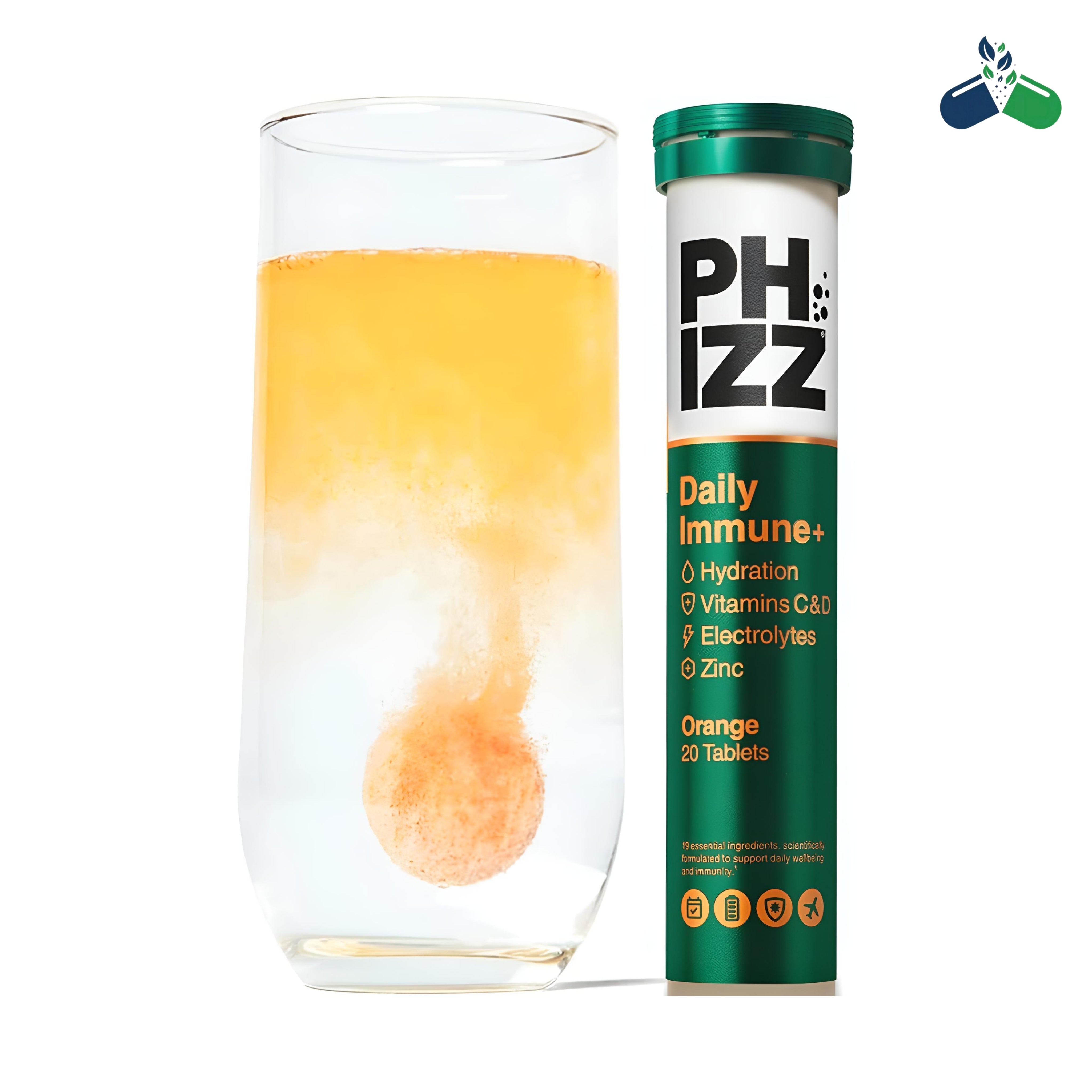 Phizz Daily Immune+ Effervescent Tablets Orange 20  Hydration & Vitamins C, D, Zinc