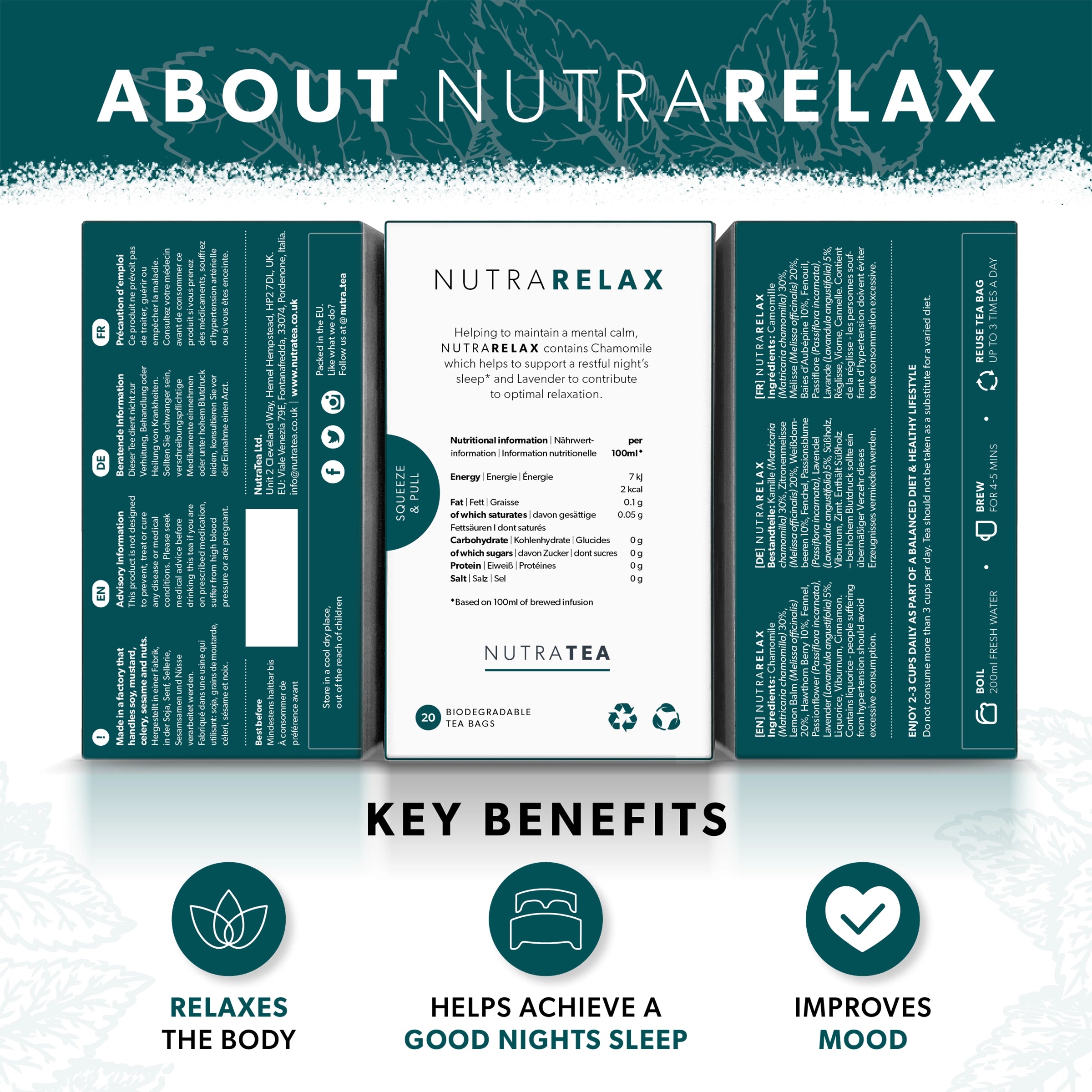 NutraTea Relax Chamomile Lemon Balm Sleep Calm Herbal Tea 20 Bags