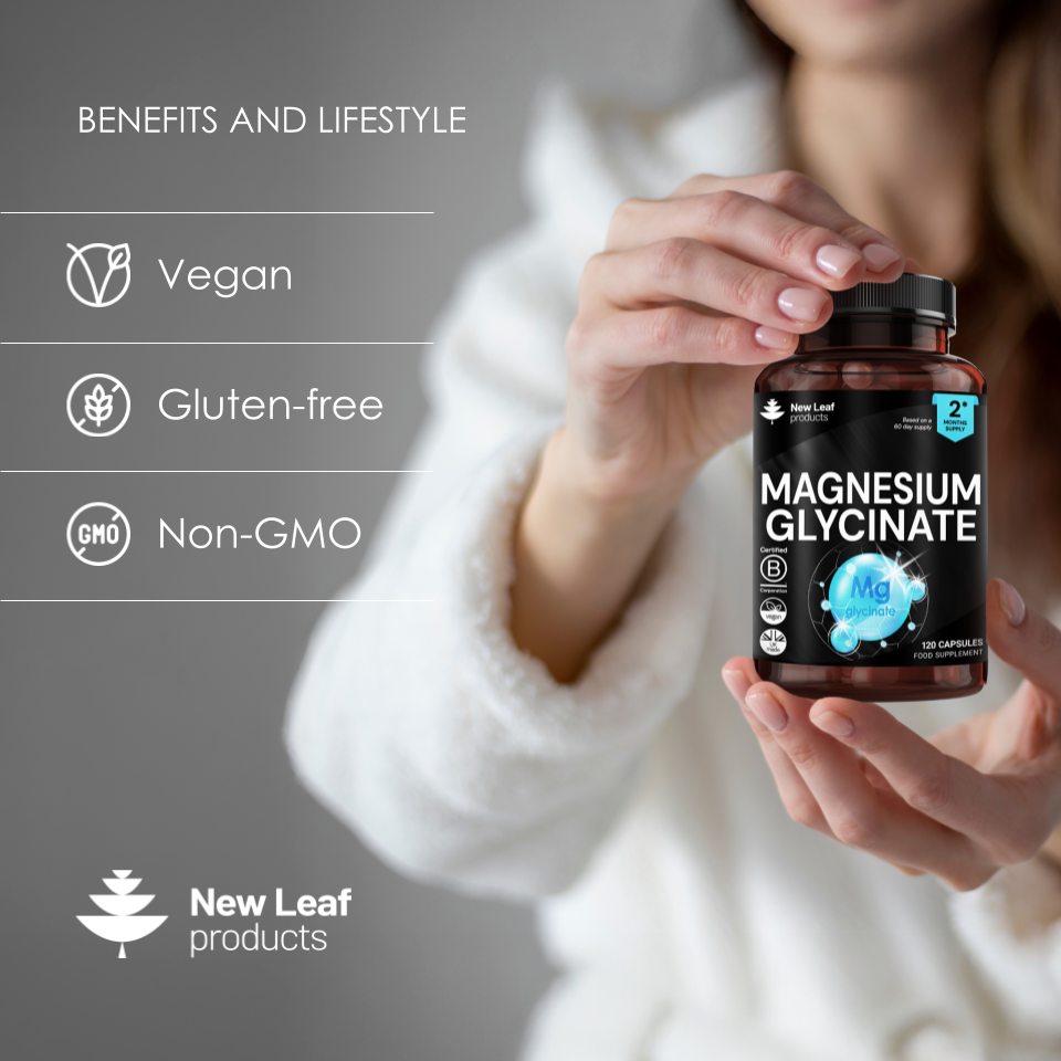 New Leaf Magnesium Glycinate  208mg Elemental, 120 Vegan Capsules Supports Muscle Function, Reduces Fatigue & Aids Bone Health
