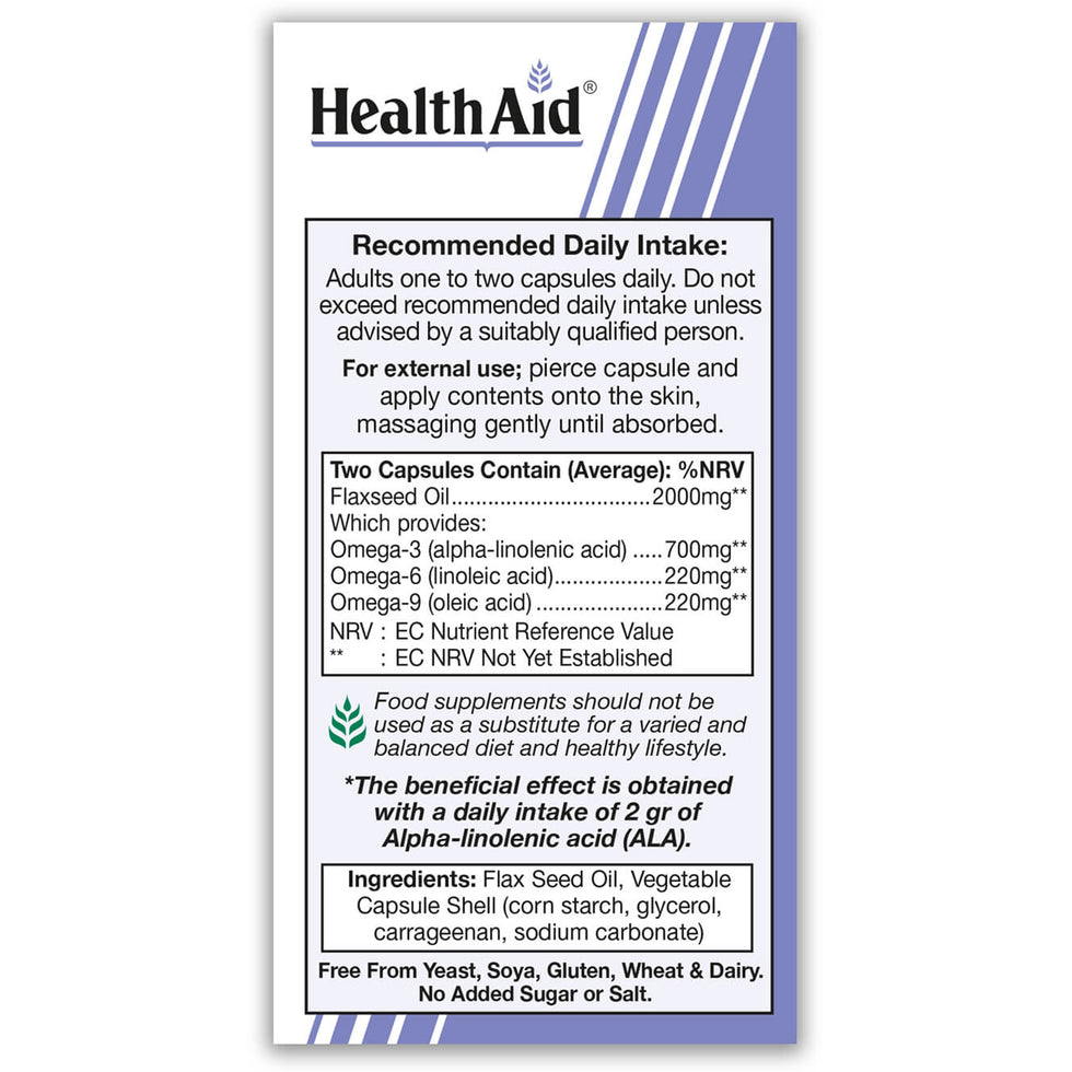HealthAid Vegan Omega 3 6 9 60 Vegan Flaxseed Oil Heart Health Gelatine Free Capsules