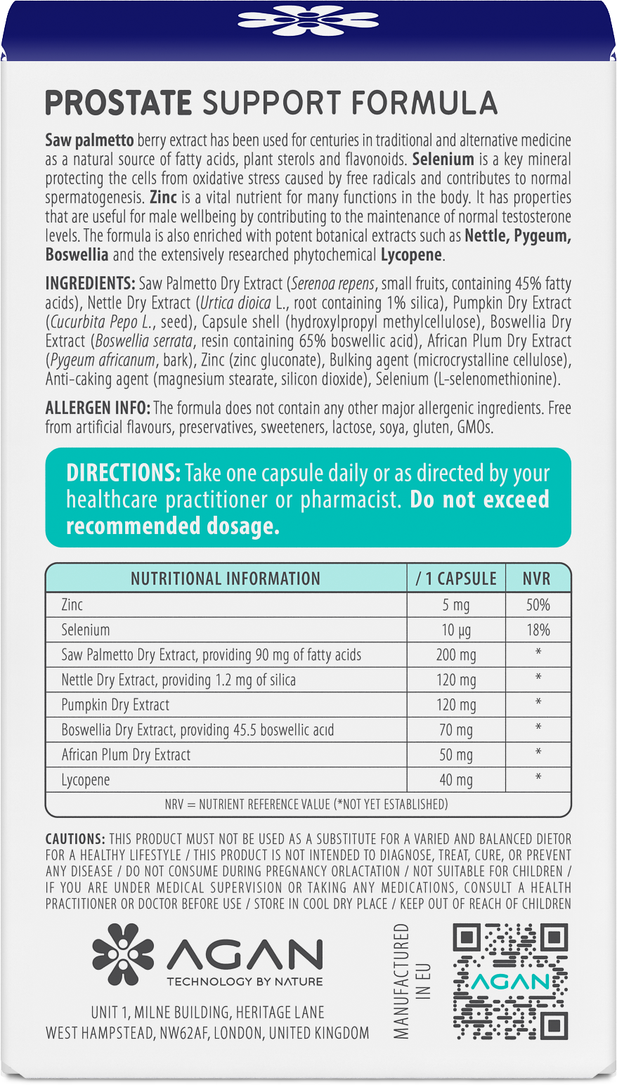 AGAN Prostate Support Tablets Saw Palmetto Pygeum Lycopene Zinc 30 Capsules