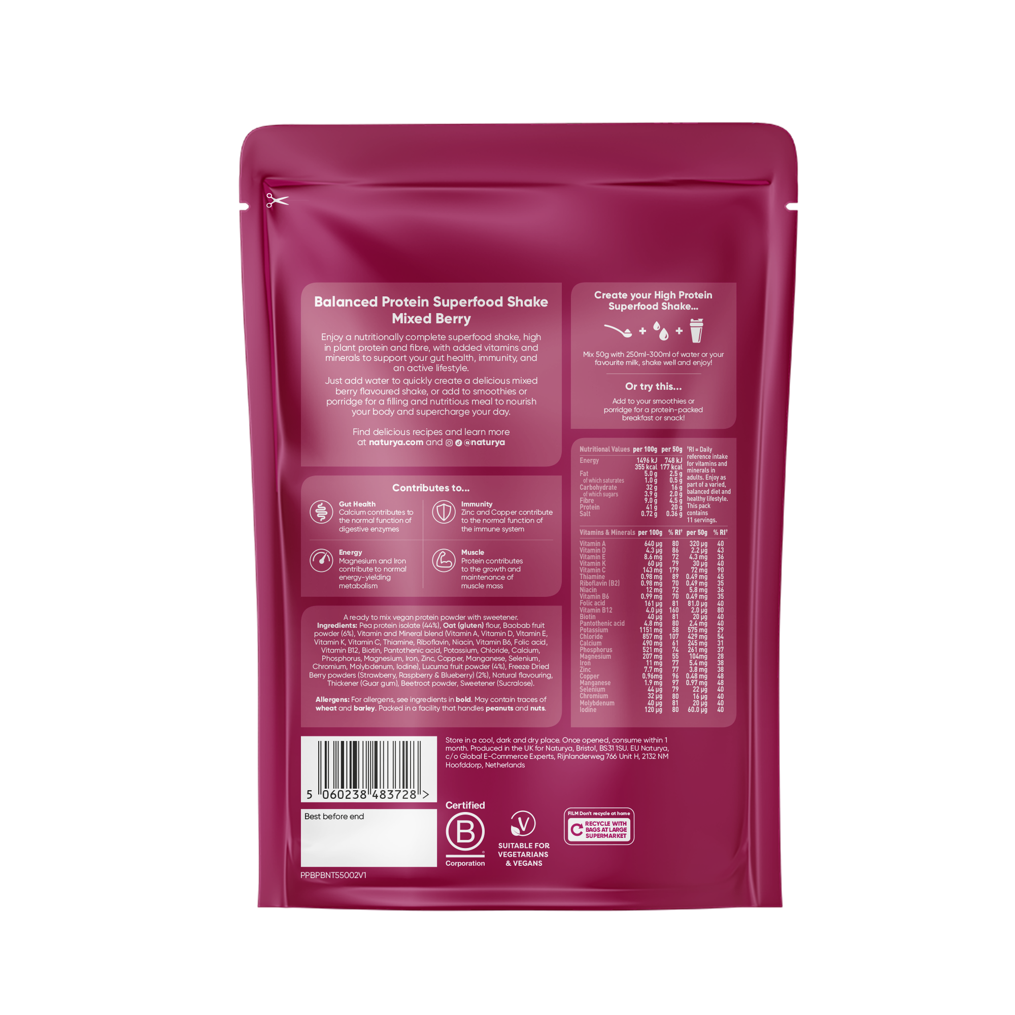 Naturya Chocolate Mixed Berry Protein Shake 550g Vegan Low Sugar High Fibre