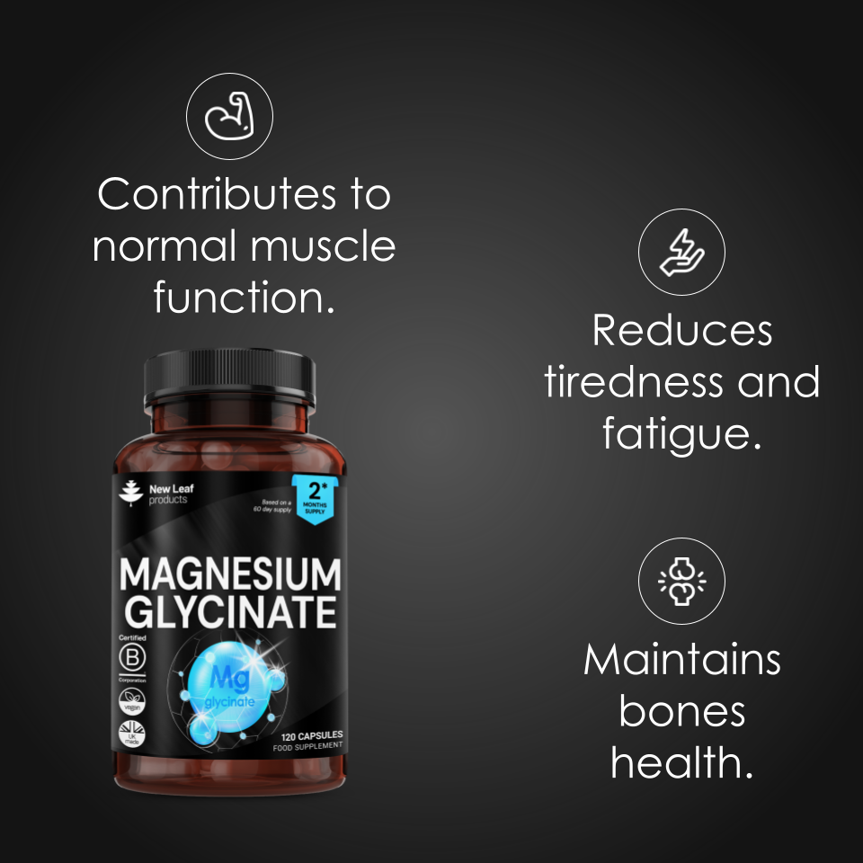 New Leaf Magnesium Glycinate  208mg Elemental, 120 Vegan Capsules Supports Muscle Function, Reduces Fatigue & Aids Bone Health