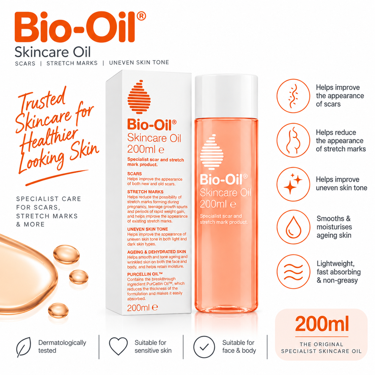 Bio-Oil Skincare Oil 200ml – Scars, Stretch Marks, Uneven Skin Tone & Dry Skin