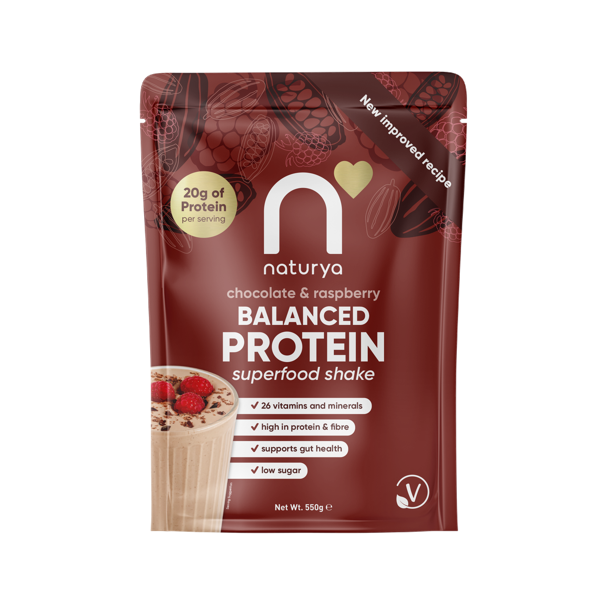 Naturya Chocolate Raspberry Protein Shake 550g Vegan Low Sugar High Fibre