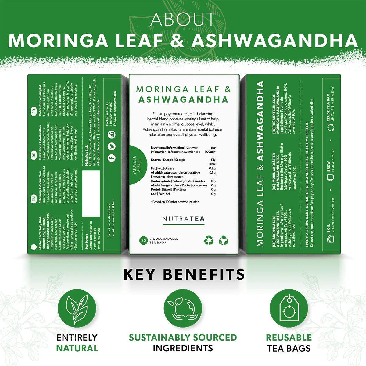 NutraTea Moringa Leaf & Ashwagandha Tea – Natural Energy & Balance Support 20 Tea Bags