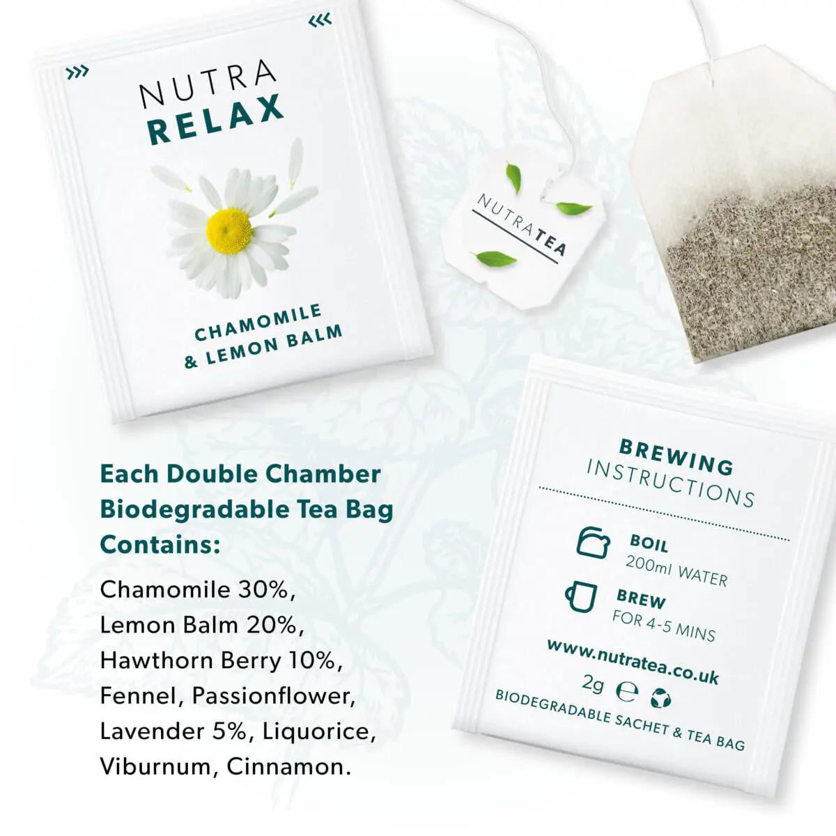 NutraTea Relax Chamomile Lemon Balm Sleep Calm Herbal Tea 20 Bags