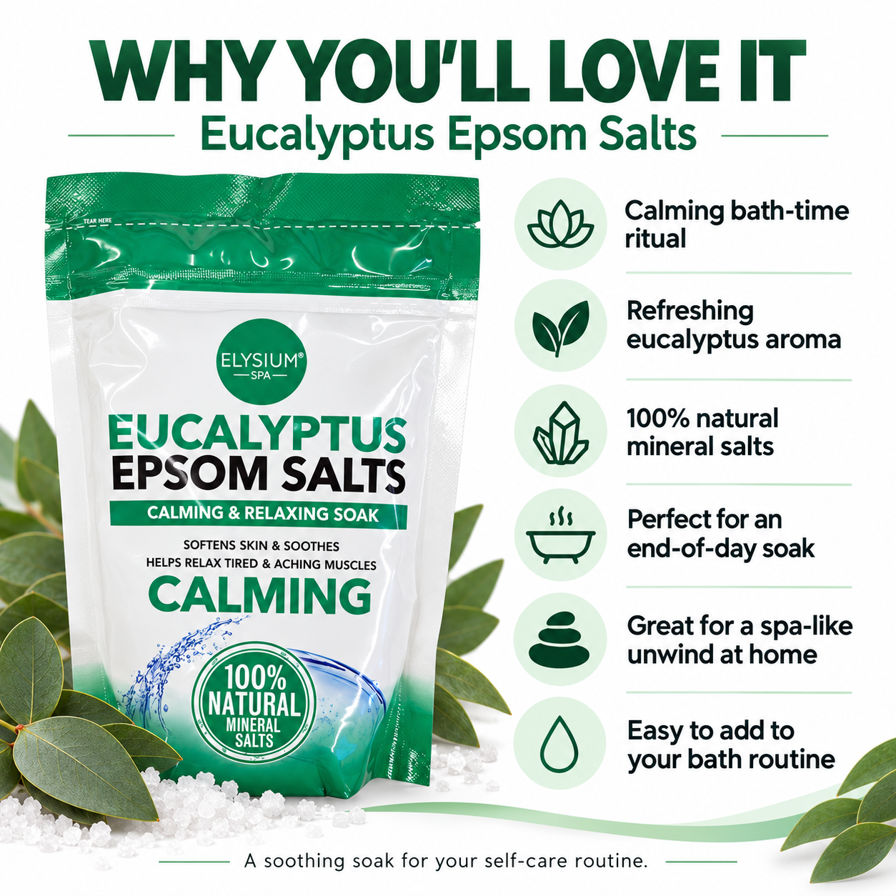 2 x Elysium Spa Eucalyptus Epsom Salts Calming Relaxing Bath Soak Mineral Salts