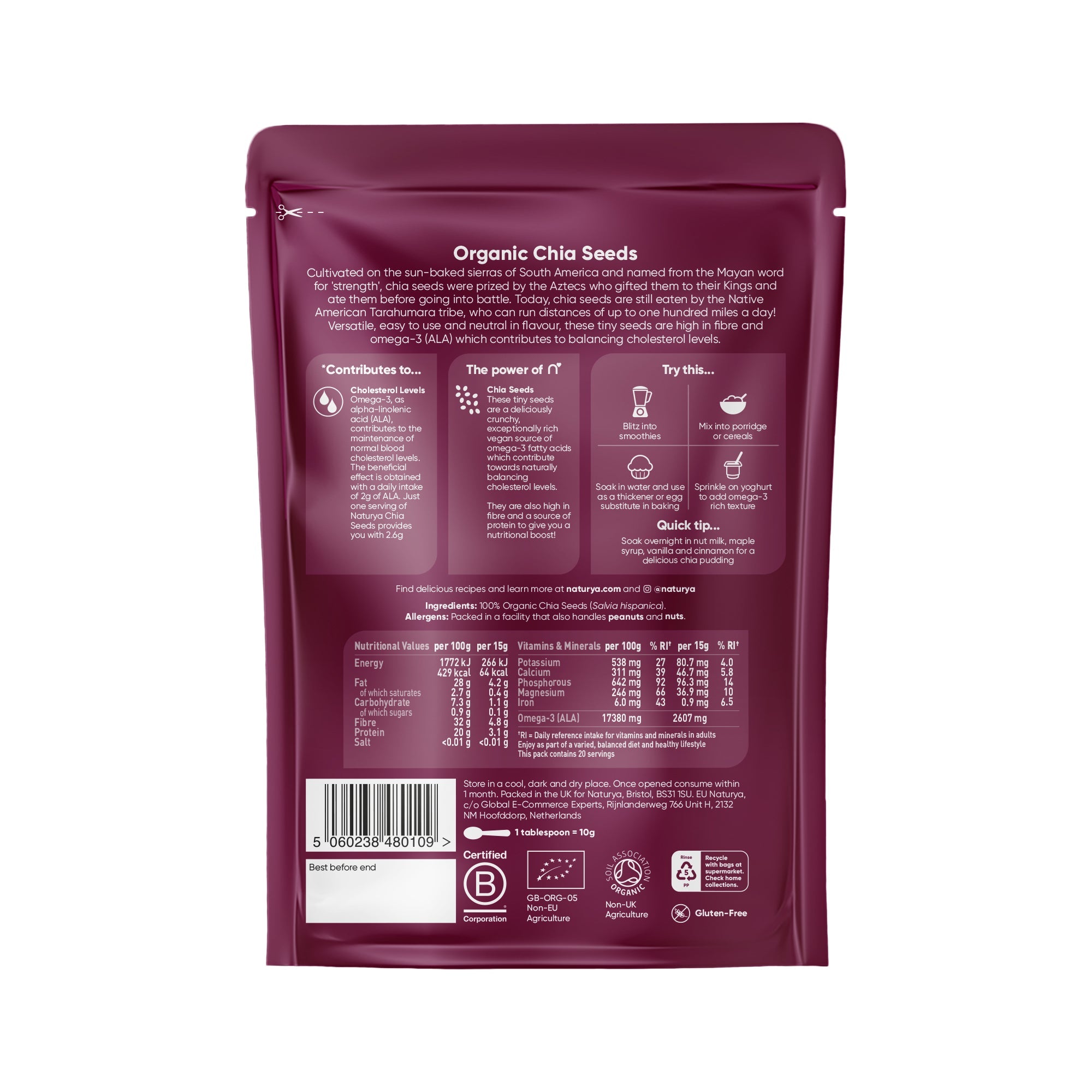 Naturya Organic Chia Seeds 300g  High Fibre Omega-3, Gluten-Free IBS Superfood