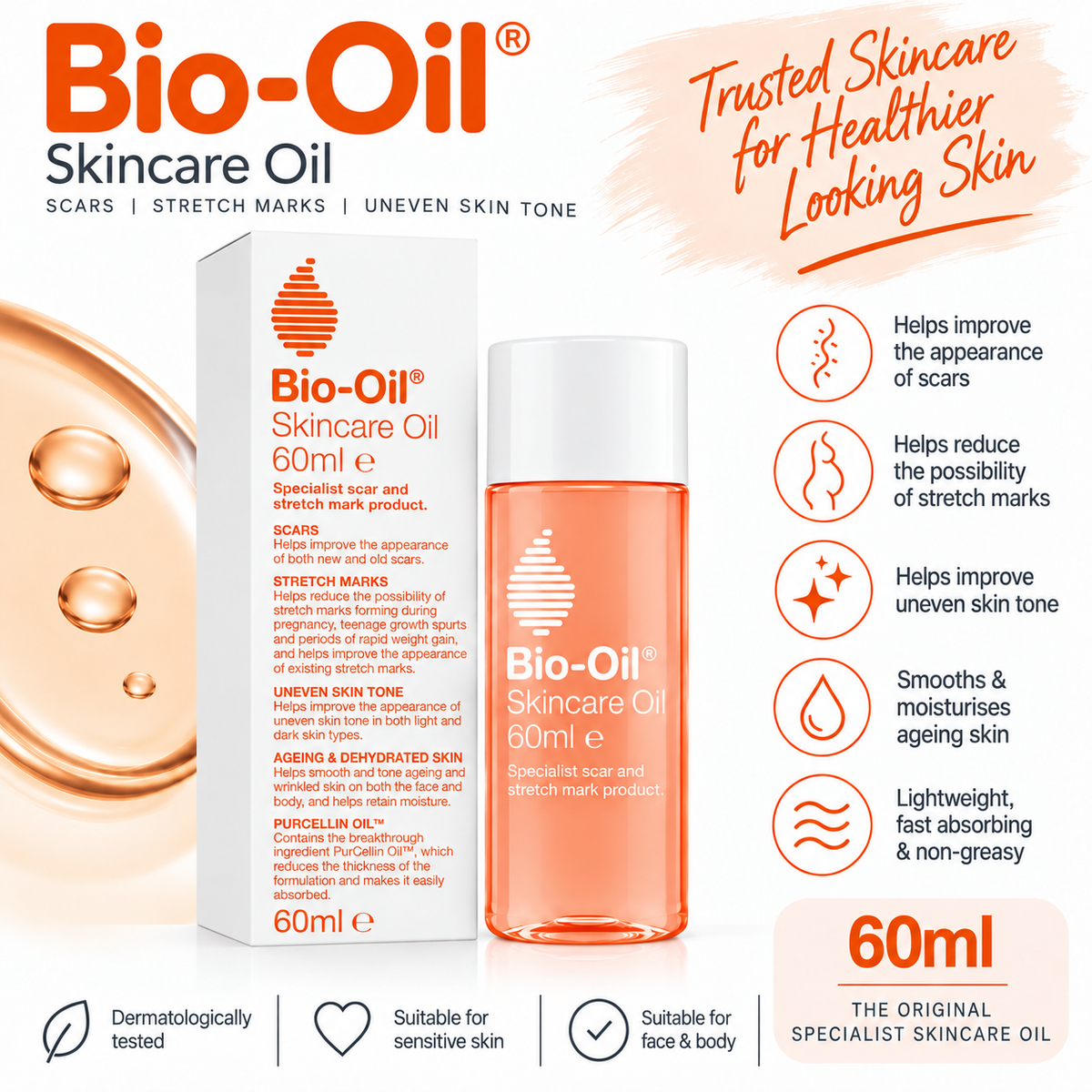 Bio-Oil Skincare Oil 60ml – Scars, Stretch Marks, Uneven Skin Tone & Dry Skin