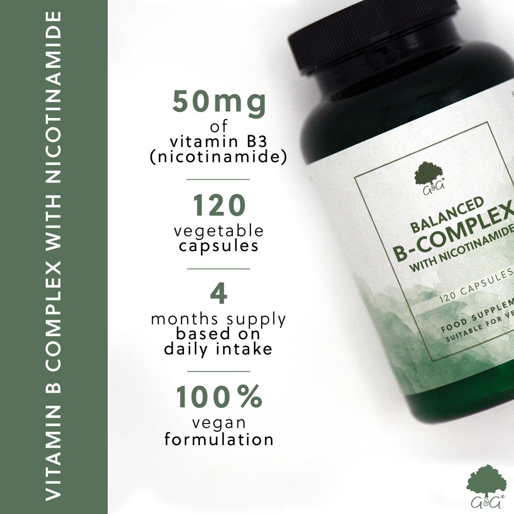 G&G Balanced B-Complex with Nicotinamide – Energy, Nervous System & Red Blood Cells – 120 Vegan Capsules