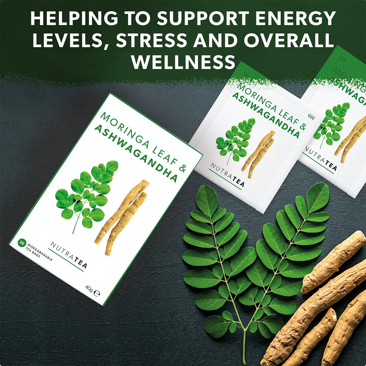 NutraTea Moringa Leaf & Ashwagandha Tea – Natural Energy & Balance Support 20 Tea Bags