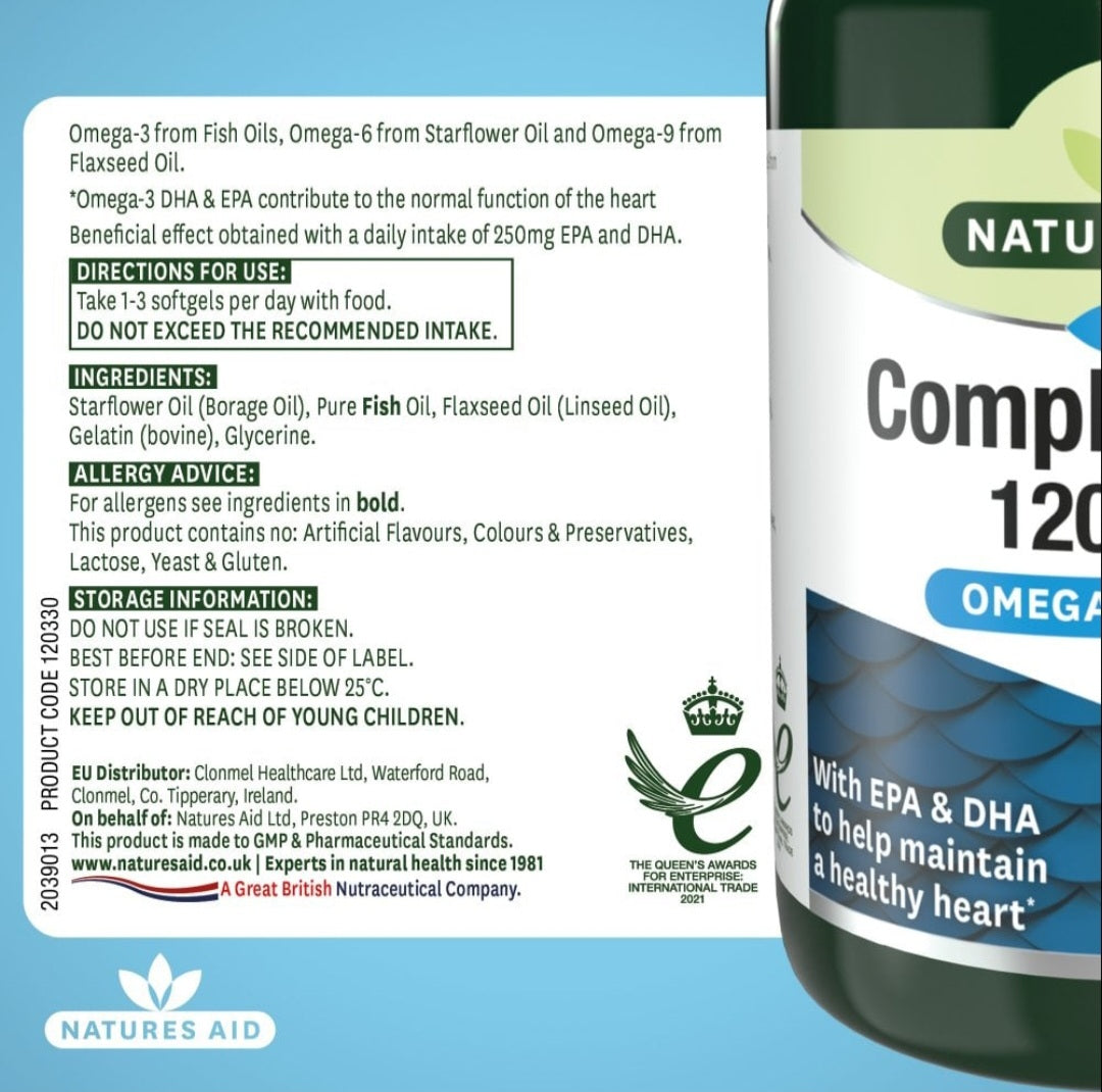 Natures Aid Complete EFA 1200mg – Omega 3, 6 & 9 Softgels – EPA & DHA Heart Health Support – 90 Softgels