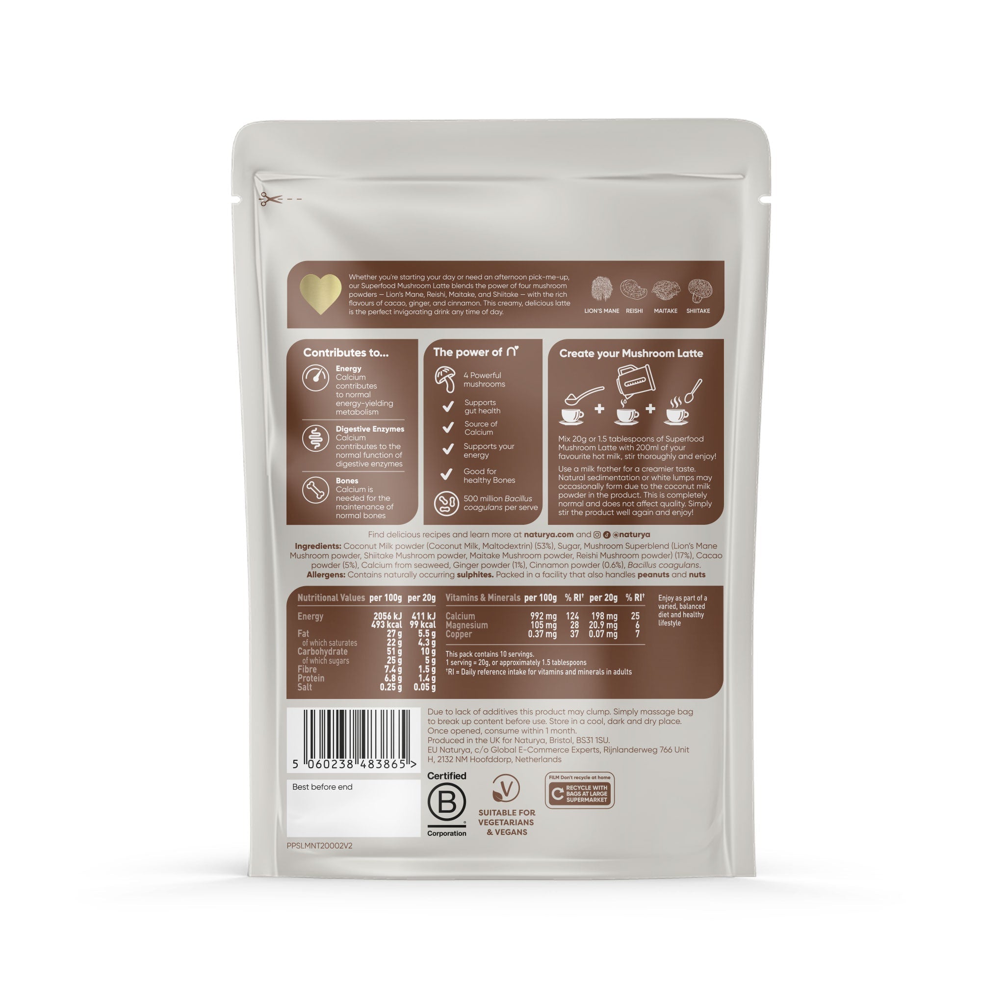 Naturya Mushroom Latte 200g Lion’s Mane Shiitake Superfood Energy Gut Health