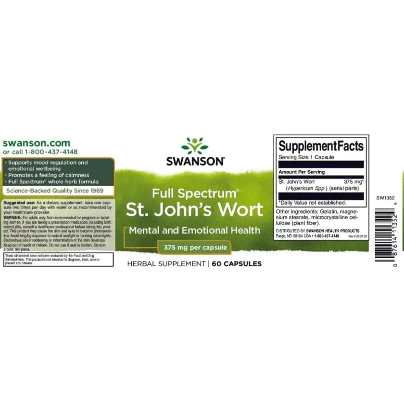 Swanson St Johns Wort 375mg 60 Capsules Mood Support Herbal Supplement
