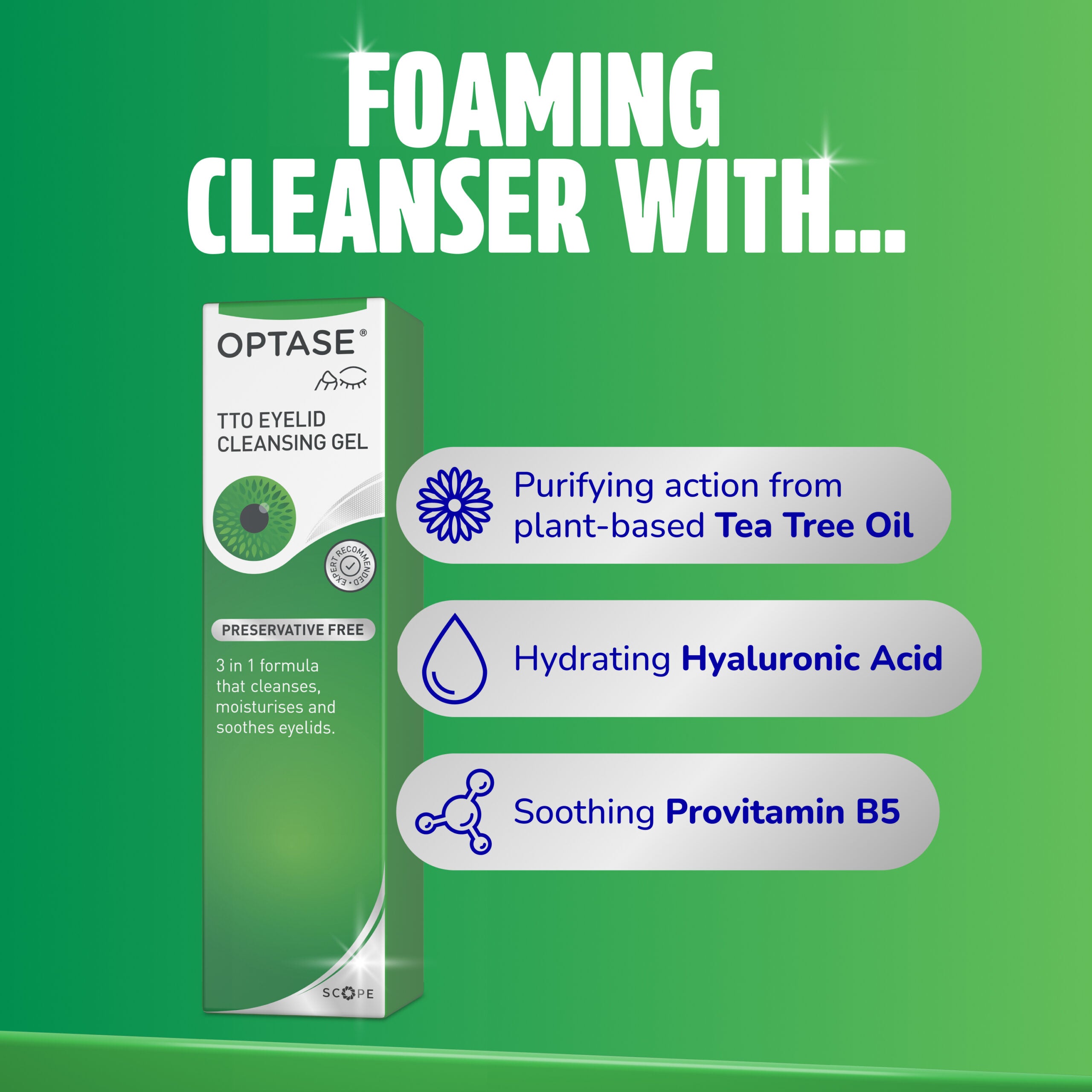 OPTASE TTO Eyelid Cleansing Gel 50ml | Tea Tree Oil, Hyaluronic Acid & Pro-Vitamin B5 | Preservative Free Foaming Eyelid Cleanser for Dry Eyes & Blepharitis
