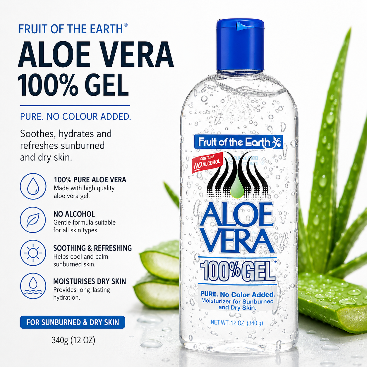 Fruit of the Earth Aloe Vera 100% Gel 340g 12oz No Alcohol Sunburn Dry Skin