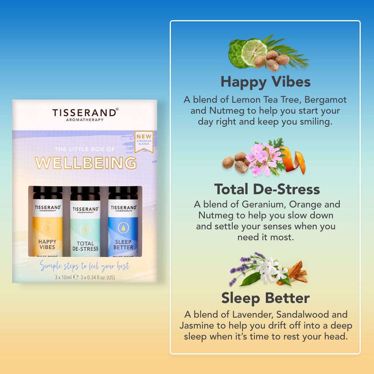 Tisserand Wellbeing Gift Set Happy Vibes De-Stress Sleep Better 3x10ml
