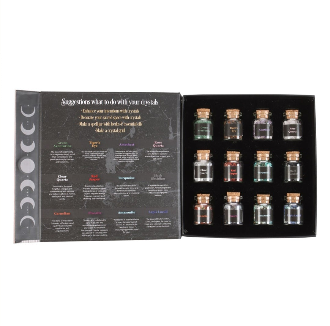 Crystal Chip Gift Set 12 Bottled Healing Meditation Stones for Sacred Space